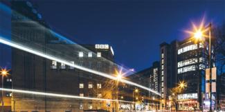 Image of BBC building, Belfast at night