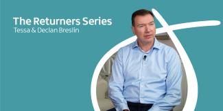 Image of Declan Breslin with a teal background and white abstract shape. Text on the image reads 'The Returners Series Tessa & Declan Breslin.'