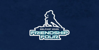 Logo for the Belfast 2025 Friendship Four ice hockey tournament. The design features a silhouette of a hockey player in action above the text “BELFAST 2025” and “FRIENDSHIP FOUR” in bold, stylized lettering on a dark blue background.