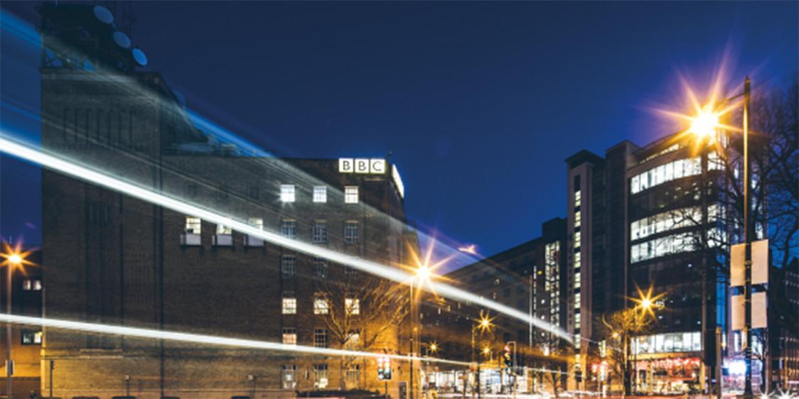 Image of BBC building, Belfast at night