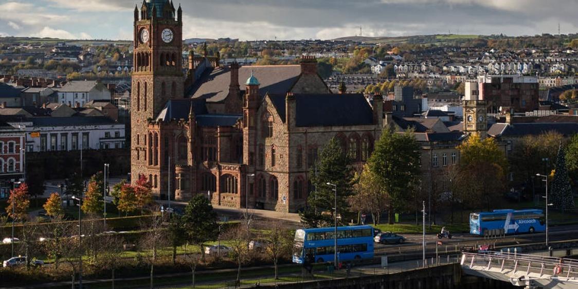 Shot of the Guildhall with city backdrop in Derry~Londonderry