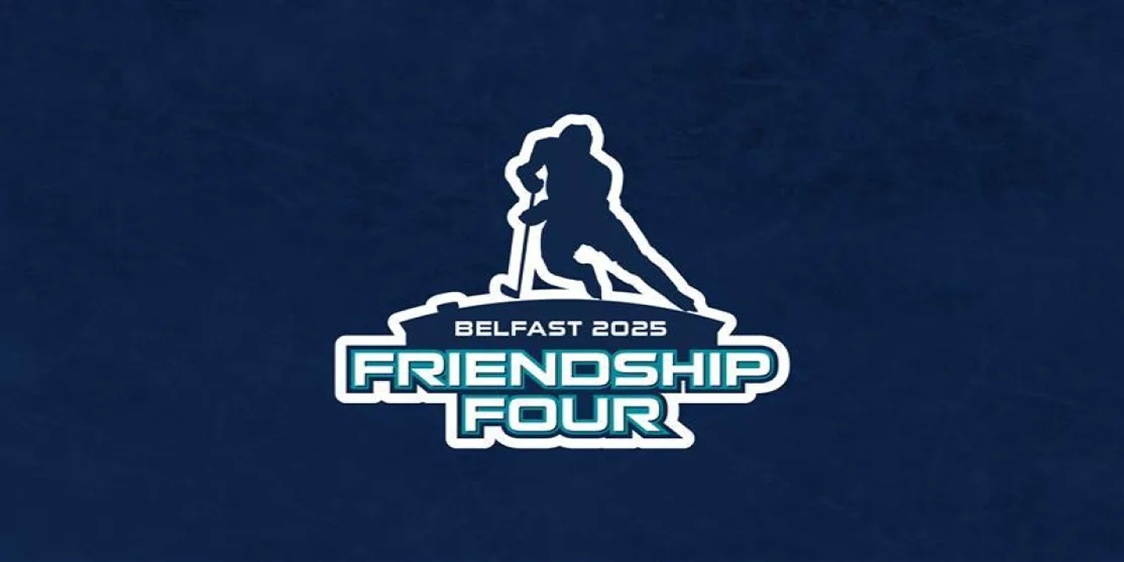 Logo for the Belfast 2025 Friendship Four ice hockey tournament. The design features a silhouette of a hockey player in action above the text “BELFAST 2025” and “FRIENDSHIP FOUR” in bold, stylized lettering on a dark blue background.