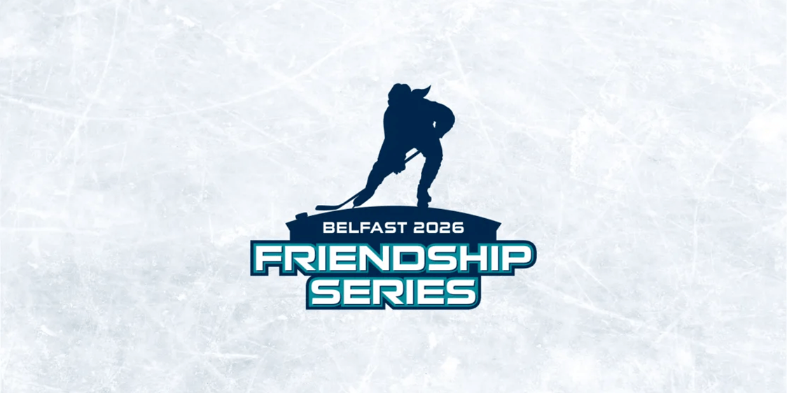 Image of a outline of a female ice hockey skater with Friendship Series 2026 wording