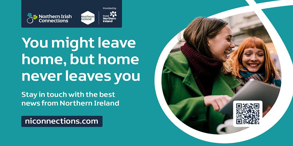Image of two women laughing and looking at a computer screen with the words You might leave home, but home never leaves you