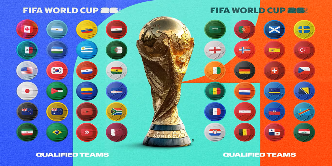 Image of World Cup trophy surrounded by country flags of the qualifying countries