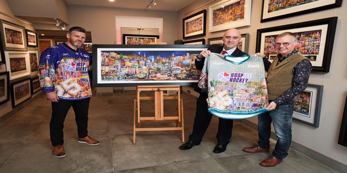 Picture of Adam Keefe, Head Coach, Belfast Giants; Trevor McCartney, Chief Executive Officer, Northern Ireland Hospice; and Keith Drury, at Keith Drury Art on the Belmont Road.