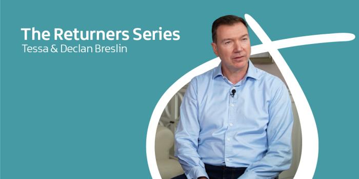 Image of Declan Breslin with a teal background and white abstract shape. Text on the image reads 'The Returners Series Tessa & Declan Breslin.'