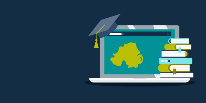 Laptop showing Northern Ireland map with a graduation cap on top and a stack of books beside it, symbolising education.