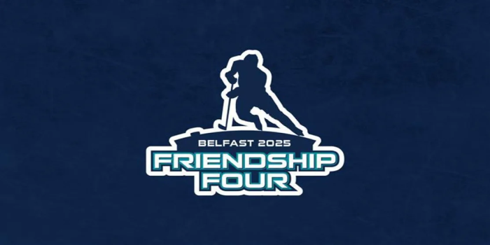 Logo for the Belfast 2025 Friendship Four ice hockey tournament. The design features a silhouette of a hockey player in action above the text “BELFAST 2025” and “FRIENDSHIP FOUR” in bold, stylized lettering on a dark blue background.