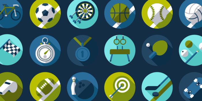 Colourful illustrated sports icons arranged in a grid on a dark blue background