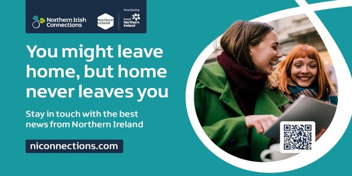 Image of two women laughing and looking at a computer screen with the words You might leave home, but home never leaves you