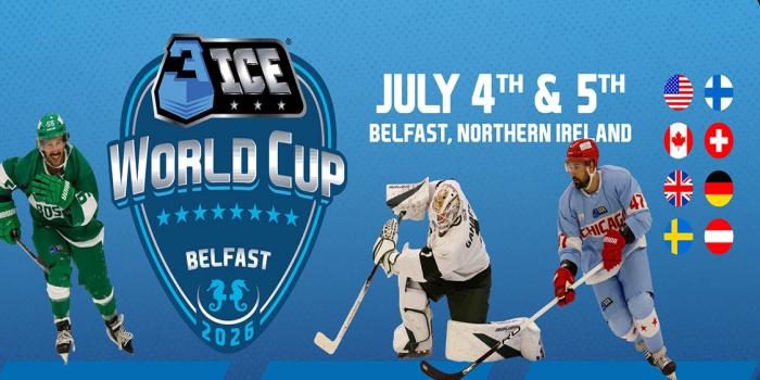 3ICE World Cup Belfast 2026 graphic showing ice hockey players, event dates (4–5 July) and participating country flags.